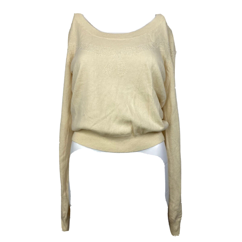 Tocca Sweater‎ Womens Sz S Ivory Embroidered Bow Lambswool Cashmere